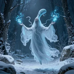 an ethereal ghostly wraith like figure with a squid like parasite latched onto its head and long tentacle arms that flow lazily but gracefully at its sides like a cloak while it floats around a frozen rocky tundra in the snow searching for lost souls and that hides amongst the shadows in the trees, this character has hydrokinesis and electrokinesis as a real muppet by sesame street, photo realistic, photography, sesame street