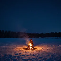 man sitting in the middle of a snowstorm, night - time, stars, night sky, wide angle, glow, campfire