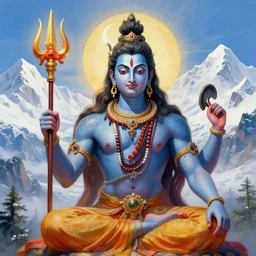 an extremely detailed painting of lord shiva, holding his trident, moon in his crown, snowy himalayas in background, fantasy art, beautiful, widescreen, digital art, vibrant.