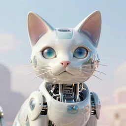 a close portrait of a cybernetic cat made from porcelain and steel, insane reflexions, pastel colored, daylight, peaceful, 8 k, ambient occlusion, octane render, photoreal