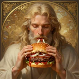 portrait of Moses eating big mac hamburgers, extra onions and ketchup, luscious patty with sesame seeds, ethereal, handsome, D&D, fantasy, intricate, elegant, highly detailed, digital painting, artstation, concept art, matte, sharp focus, illustration, art by Artgerm and Greg Rutkowski and Alphonse Mucha