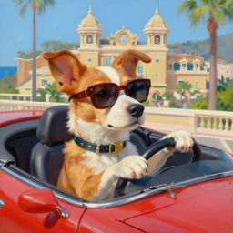a painting of a hipster dog driving a convertible in monte carlo, in the style of greg rutkowski, highly detailed, artstation