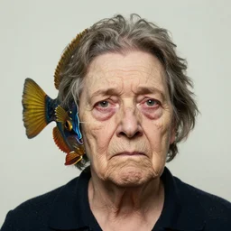 photographic portrait of a wrinkly sad lady anglerfish puppet face, by max ernst and alfred pellan