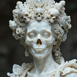 cinestill 5 0 d photo portrait of a beautiful hybrid woman - skull in style of paolo roversi by roberto ferri, alabaster body intricate detailed, intricate sparkling basalt ornamental head, 1 5 0 mm lens, f 1. 4, sharp focus, ethereal, emotionally evoking, head in focus, radiant volumetric lighting, matt colors outdoor