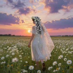 white daisy flowers as head veil, girl walking in a flower field, surreal photography, sunrise, dramatic light, impressionist painting, colorful clouds, digital painting, artstation, simon stalenhag