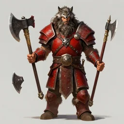 Barbarian Warrior, dual wielding axes, tall, long messy curly hair, long unkempt beard, wolf pelt head, red armor, high fantasy,colorful, matte painting, trending in artstation, arstationhq, artstationhd, HD 8k