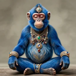 a meditating, blue monkey with lots of opulent jewelery by aaron horkey