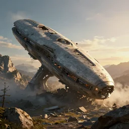 gigantic wrecked alien spaceship crashed in the mountains, sci-fi Hollywood concept art, golden hour