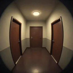dimly lit, theatre access corridor background, 3 doors, fish eye, pixta.jp vector