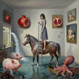 painting of a flooded apartment and a tall emo girl holding an infinite ladder, riding a pork horse, paintings on the wall, pomegranates, waterfall, pigs, octopus, canoe, berries, zen, sensual, surrealist, by magritte and monet