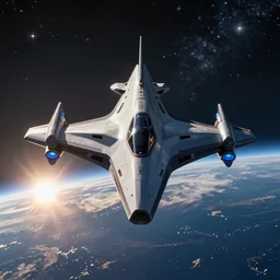 still of a sleek triangular, highly symmetrical spaceship with blue engine thrusters, orbiting a planet with the sun cresting on the horizon. detailed starry background, star citizen game render, 8 k, unreal engine, nvidia 3 0 8 0 graphics