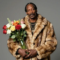 Snoop Dogg wearing a mink fur coat, while holding a Vase of flowers for a 1990s sitcom tv show, Studio Photograph, portrait, C 12.0