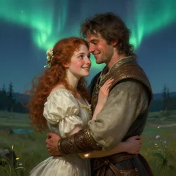 Epic portrait Two happy couple hug eachother, Northern lights in the backround, Pretty, digital painting, artstation, concept art, soft light, hdri, smooth, sharp focus, illustration, fantasy, intricate, elegant, highly detailed, D&D, matte painting, in the style of Greg Rutkowski and Alphonse Mucha and artemisia, 8k, highly detailed, jurgens, rutkowski, bouguereau, pastoral, rustic, georgic
