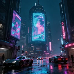 sci-fi cyberpunk city street, billboards, neon holograms, neon signs, rainy night, dramatic lighting, cinematic, establishing shot, extremely high detail, photo realistic, cinematic lighting, with futuristic cars