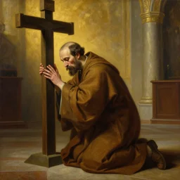 oil matte portrait painting of a single monk in a church looking like rasputin kneeling under a cross, detailed faces, wonderful masterpiece highly detailed, beautiful cinematic light deep focus, elegant, digital painting, smooth, sharp focus, golden ratio, dramatic illumination, ultra realistic, 8 k, art by salvator rosa and caravaggio