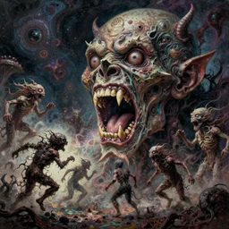 a high hyper detailed painting with complex and striking textures of a horrible and psychotic monstrous head with an open mouth, pointed teeth and several eyes, from its mouth come out several monsters and deformed beings running and screaming, cosmic horror psychedelic magical realism octane render bizarre art