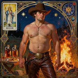 a dramatic, epic, ethereal painting of a handsome thicc! shirtless cowboy with a beer belly wearing a large belt and leather pants | background is a late night campfire with food and jugs of whisky | homoerotic | fire, flames, stars, tarot card, art deco, art nouveau, mosaic, intricate | by Mark Maggiori | trending on artstation