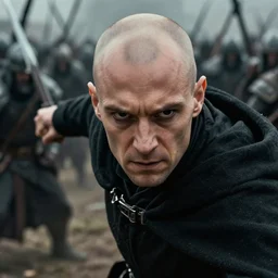 close up cinematic artwork of balding man in his late 4 0 s with black colored eyes and wearing a black cloak, fighting in battle against an army of warriors by greg rutowski, 4 k, fantasy, masterpiece