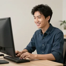hyperrealism portrait person typing on a computer happy