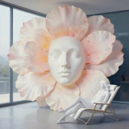 closeup, massive flower face, white woman sitting on lounge chair by a modern window, surreal photography, studio light, impressionist painting, digital painting, artstation, simon stalenhag