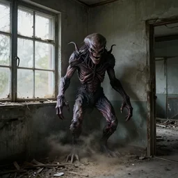 mutant hunchback creature lurking in the corner of a room in an abandoned building, color photograph, realistic, dirty windows, debris, tentacle beast, dust, bleak apocalyptic style, creepypasta, ominous vibe, sharp fangs