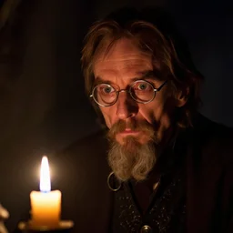 skinny, cautious, paranoid 7 0 years old alchemist ( ian mckellen with a long goatee and with scissor glasses ), looks around in a dark medieval inn. super close up, dark shadows, colorful, candle light, law contrasts, fantasy concept art by jakub rozalski, jan matejko, and j. dickenson