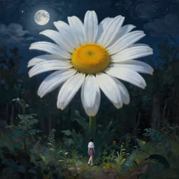 giant daisy flower over head, girl walking in thick forest, surreal photography, dark night, stars, moon light, impressionist painting, clouds, digital painting, artstation, simon stalenhag