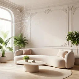 a modern indoor room, clean architecture, pastel colored, baroque, a couch, a couch table, some fresh plants, full of insanely detailed spiderweb daylight, peaceful, 8 k, octane render