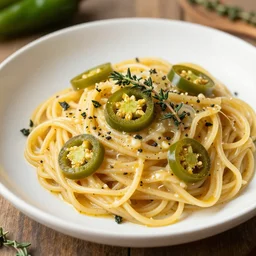 photorealistic pasta topped with jalepenos and thyme, award winning photo