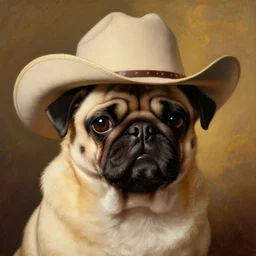 pug with cowboy hat, painted by rembrandt, intricate, ultra detailed, painting, atmospheric lighting, golden hour.