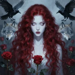 a portrait of a ice queen with long dark curly red hair, stoic, pale skin, alone, white eyes, dramatic, epic painting, painting by wlop, nixeu and sakimichan, cgsociety, roses, wolf, crows beautiful, artbreeder, artstation, octane render, sharpness, 8 k, golden ratio