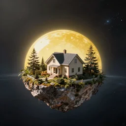 a house on a small island in space with a faint yellow dome over the island