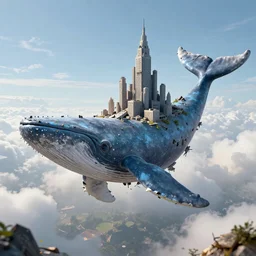 A giant flying blue whale that has a city of ruins on it's back, fantasy art, cg artist