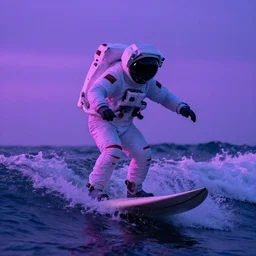 astronaut surfer, purple and blue hour, by ismail inceoglu