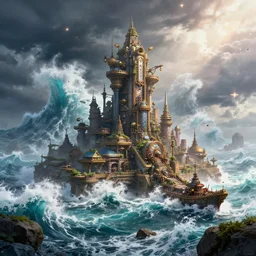 a steampunk city in teh middle of the sea, with huge wave crashing, heavy storm, lens flare photo real, artstaion trends, cinematic render, Detailed, colorful