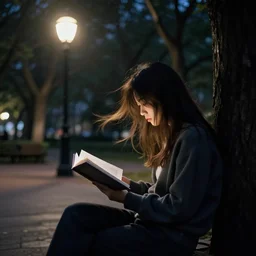 a girl reading book, hair flowing down, city park, street lights, contrast, dramatic, by Edouard Bisson