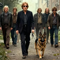 john lennon taking a slightly chubby german shepherd dog for a walk. epic stunningly beautiful concept art, dramatic light, greg rutkowski, craig mullins, peter mohrbacher, james gurney, david palumbo, andreas rocha, wlop, artgerm artstation, 4 k. masterpiece