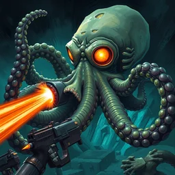 concept art of octopus attack, lovecraftian, lots of teeth, melting horror, fighting the horrors of the unknown with laser guns