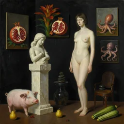 realistic painting of a luxurious female artist's louneroom, black dripping walls, tall emo girl, stone sculpture, a pig, a pear, paintings on black walls, pomegranate, bromeliads, tusks, octopus, courgettes, berries, zen, sensual, surrealist painting by magritte and rousseau