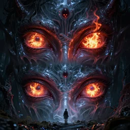 alice in wonderland, demonic eyes, dark and gloomy, glowing vibrant eyes of fire, translucent neon, anatomical details, cinematic by tsutomu nihei, emil melmoth, gustave dore, craig mullins, yoji shinkaw