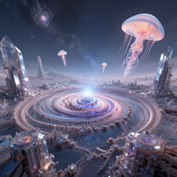 wide angle view of the fractal core of the universe, vast circular mathematical landscape, cristalline monolithic structures in the sky, giant jelly fishes levitating, by marc simonetti and victo ngay, trending artstation, octane rendering, unreal 5