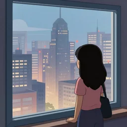 View from window on megapolis, silhouette of women who watches to the window, cartoon, 2D