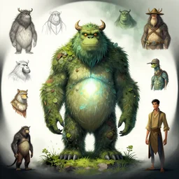 forest monster character design sheet, Moebius, Greg Rutkowski, Zabrocki, Karlkka, Jayison Devadas, Phuoc Quan, trending on Artstation, 8K, ultra wide angle, zenith view, pincushion lens effect