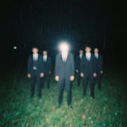 8 mm film still, blurry, grainy, liminal, unsettling, group of tall men in suits in a field at night, rain, flash on, dark midnight