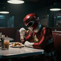 Power Rangers film, a scene where A Power Ranger is eating only alone in a dark diner, he is tired and facing the table, Dark cinematic color tones.