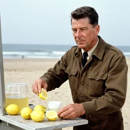 Ronald Reagan selling lemonade in the Normandy beaches during D-day, photorealistic, ultra high detail
