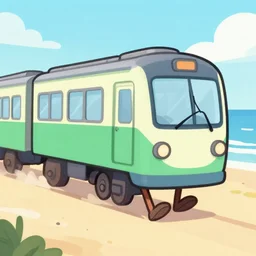 a sentient train with legs strolling slowly on the beach. cartoon