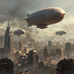 airships flying over a dieselpunk megacity, pollution, digital painting, highly detailed