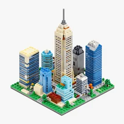 isometric view of a lego city, skyscrapers, colorful, lego bricks, geometric isometric view