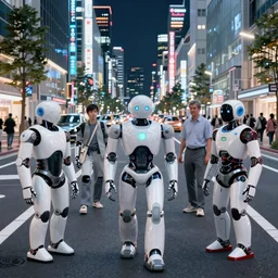 street level view looking down the street of futuristic robot tokyo city at night by cyril rolando and naomi okubo and dan mumford and ricardo bofill. robots. robots walking the streets. advertisements for robots. robot shiba inu being walked by robots. robot city. neon advertisements.